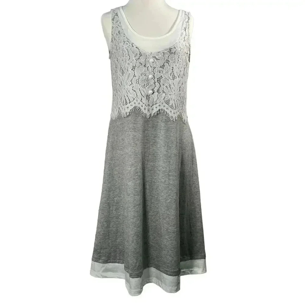Nora Cora NWT Gray with White Lace Front Knee Length Cotton Blend Dress‎ Medium